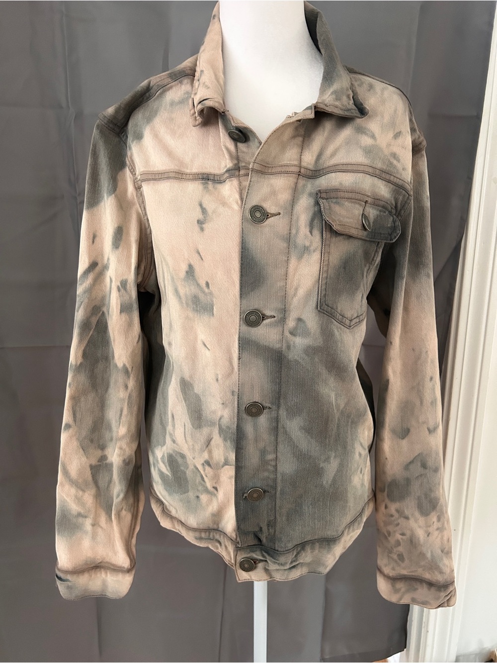 All Saints Tie-Dye Beige & Gray Denim Jacket - Women's Casual Button-Up
